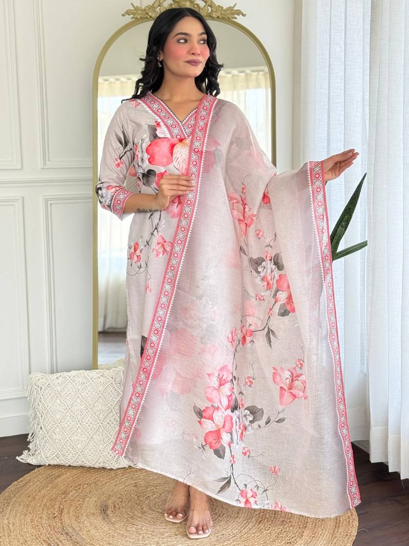 White Rayon Printed Work Straight Kurta Pant and Dupatta Set