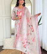 White Rayon Printed Work Straight Kurta Pant and Dupatta Set