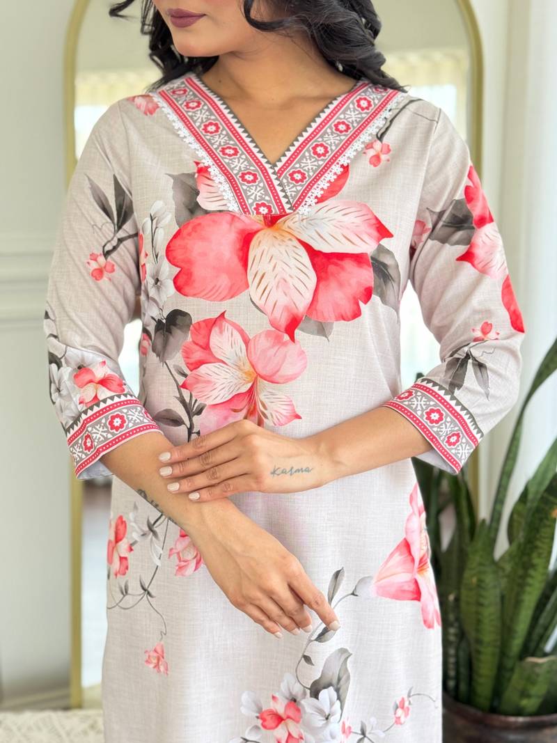 White Rayon Printed Work Straight Kurta Pant and Dupatta Set