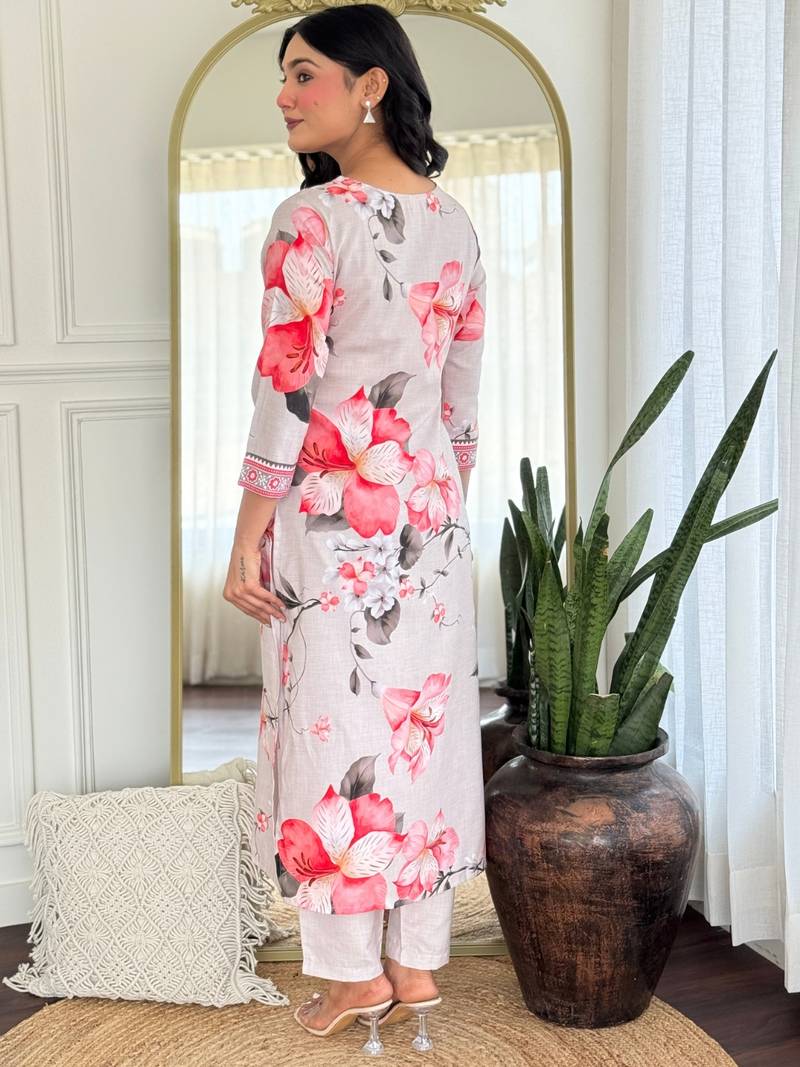 White Rayon Printed Work Straight Kurta Pant and Dupatta Set