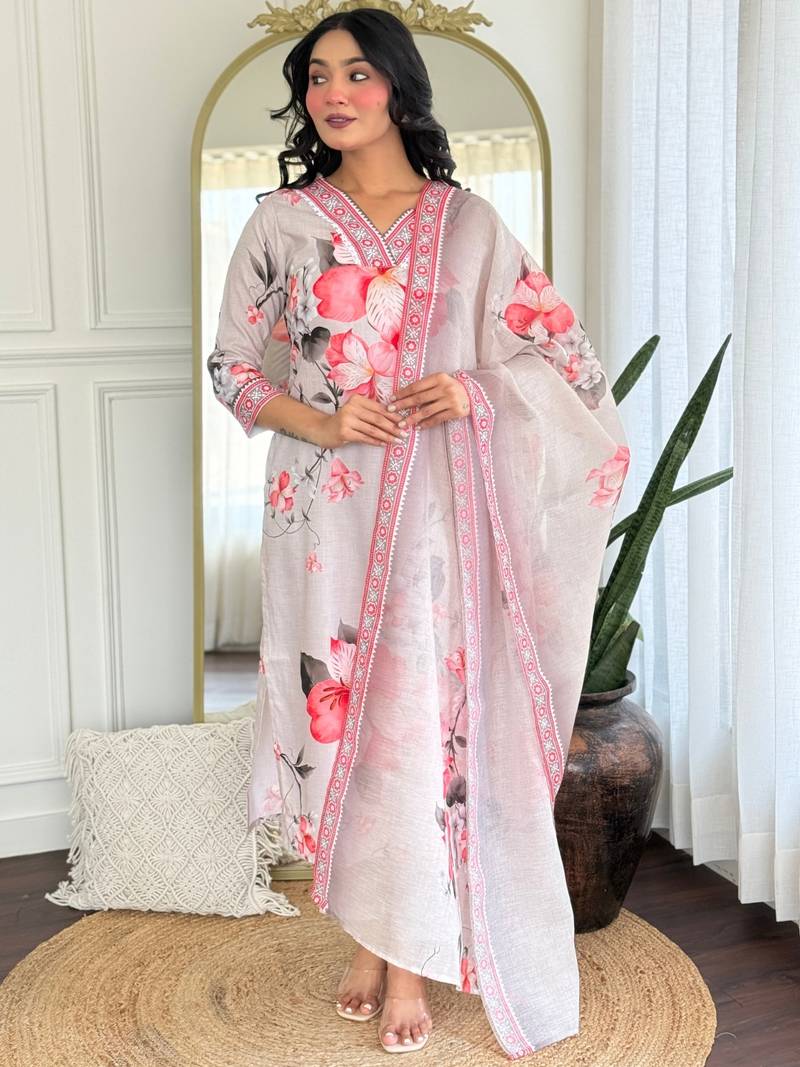 White Rayon Printed Work Straight Kurta Pant and Dupatta Set