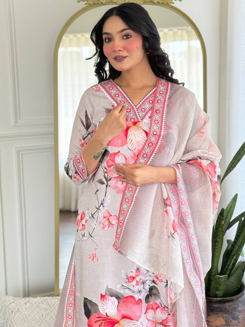 White Rayon Printed Work Straight Kurta Pant and Dupatta Set