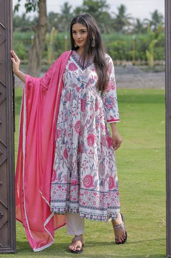 white Rayon Printed Work Flared Kurta Pant and Dupatta Set