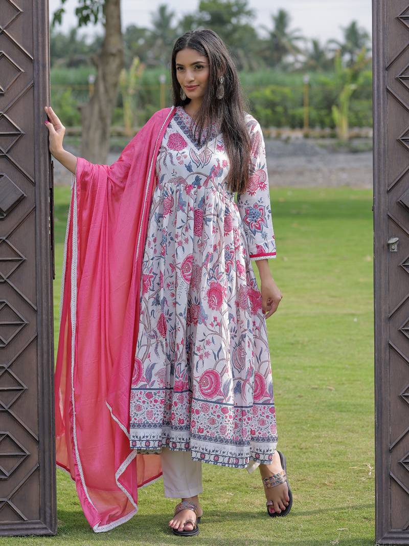 white Rayon Printed Work Flared Kurta Pant and Dupatta Set