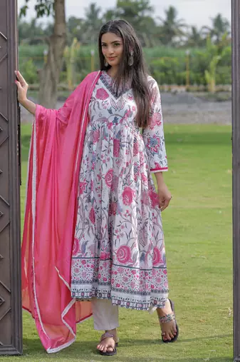 white Rayon Printed Work Flared Kurta Pant and Dupatta Set