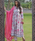 white Rayon Printed Work Flared Kurta Pant and Dupatta Set