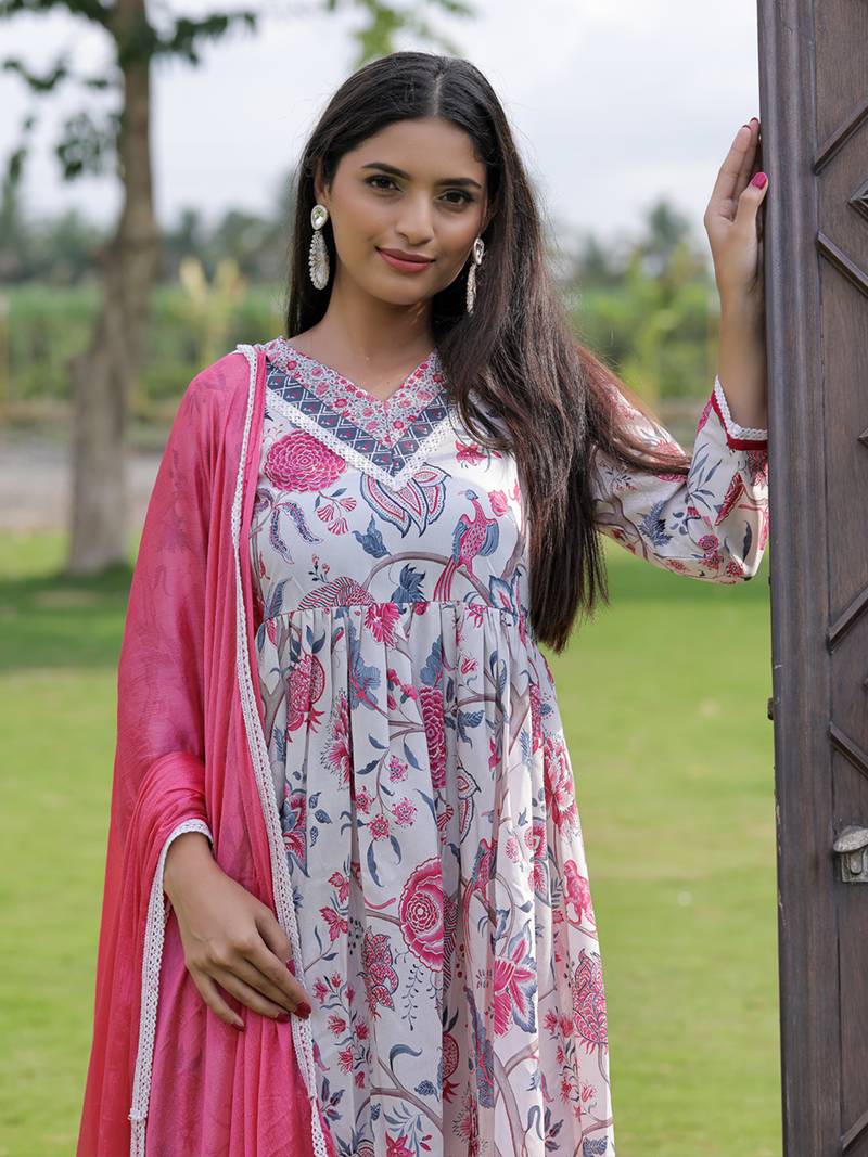 white Rayon Printed Work Flared Kurta Pant and Dupatta Set
