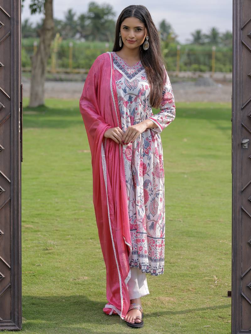 white Rayon Printed Work Flared Kurta Pant and Dupatta Set