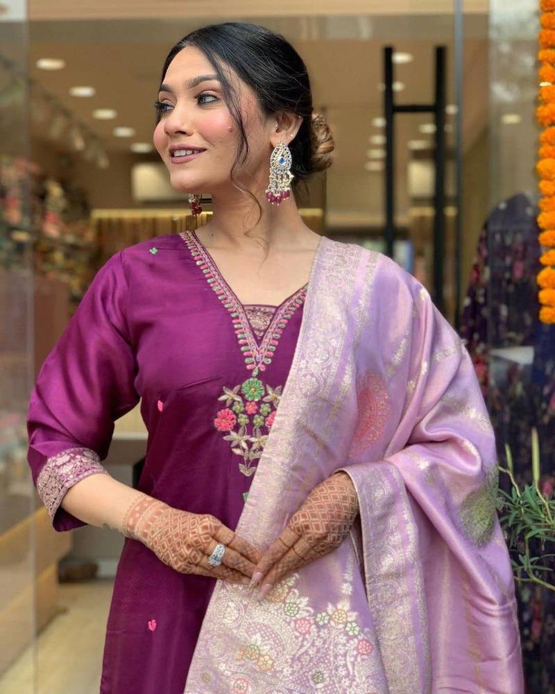 Purple Chanderi Embroidery Work Flared Kurta Pant and Dupatta Set