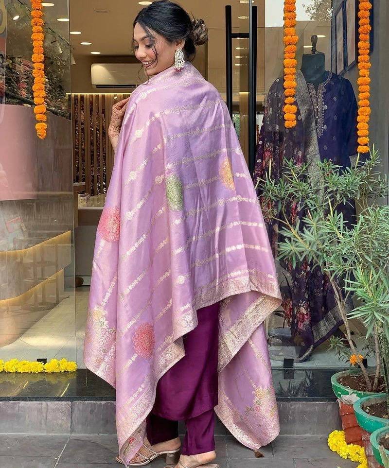 Purple Chanderi Embroidery Work Flared Kurta Pant and Dupatta Set