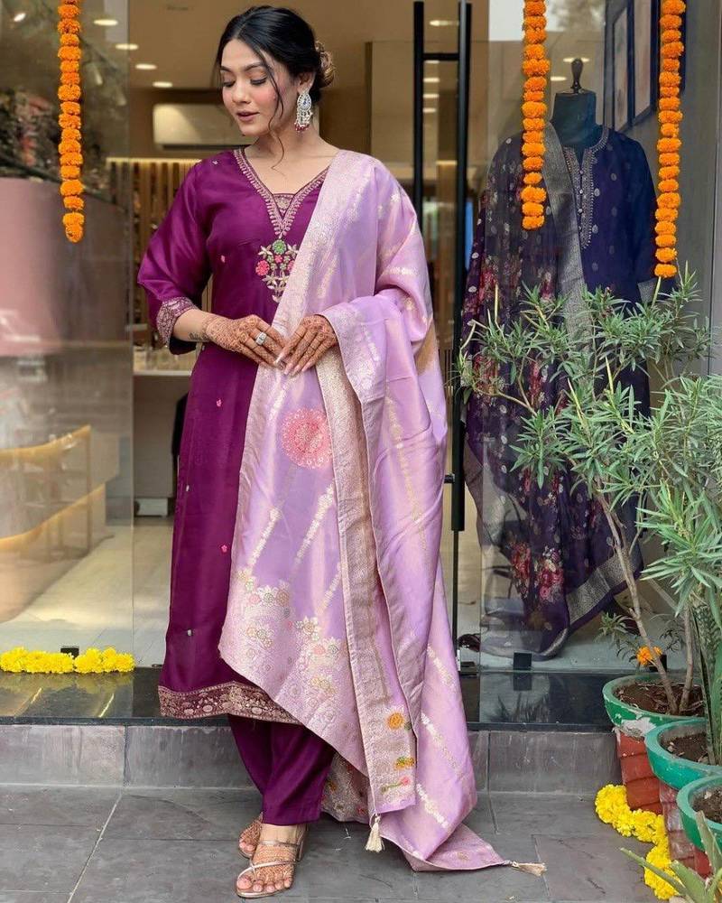 Purple Chanderi Embroidery Work Flared Kurta Pant and Dupatta Set
