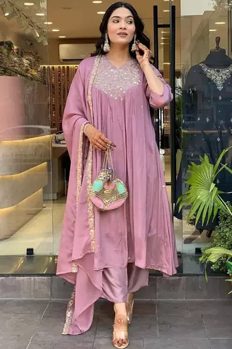 Pink chinon Embroidery Work Flared Kurta Pant and Dupatta Set