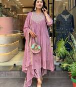 Pink chinon Embroidery Work Flared Kurta Pant and Dupatta Set