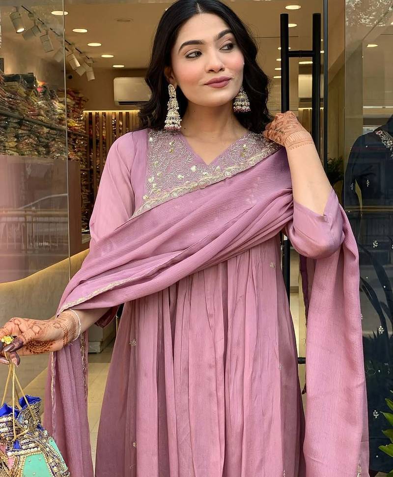 Pink chinon Embroidery Work Flared Kurta Pant and Dupatta Set