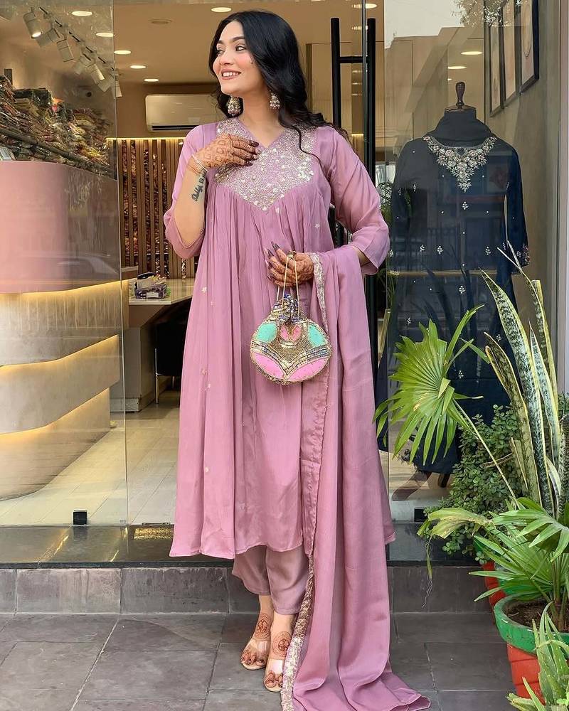Pink chinon Embroidery Work Flared Kurta Pant and Dupatta Set