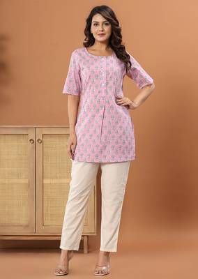 Pink Floral printed  cotton round neck tunic 1