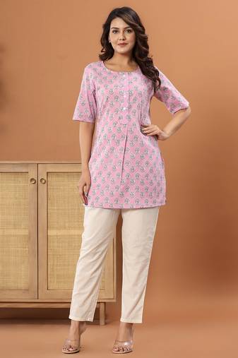 Pink Floral printed pure cotton round neck tunic