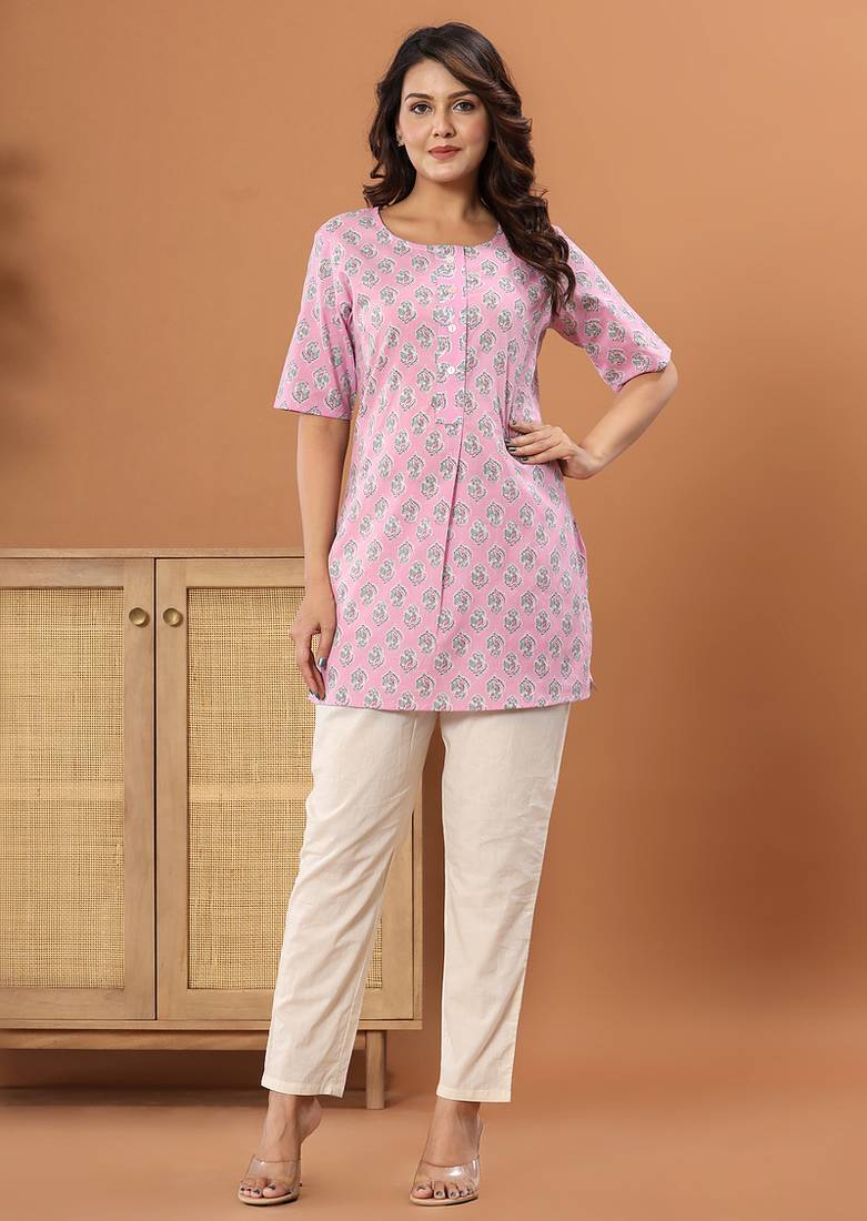 Pink Floral printed pure cotton round neck tunic