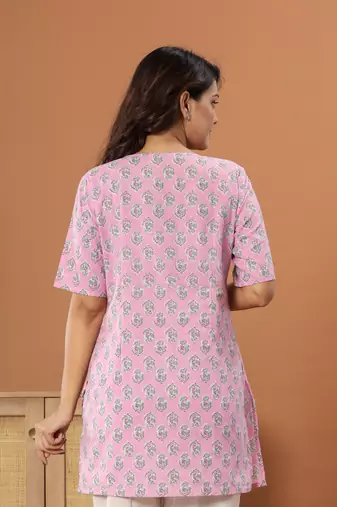 Pink Floral printed  cotton round neck tunic