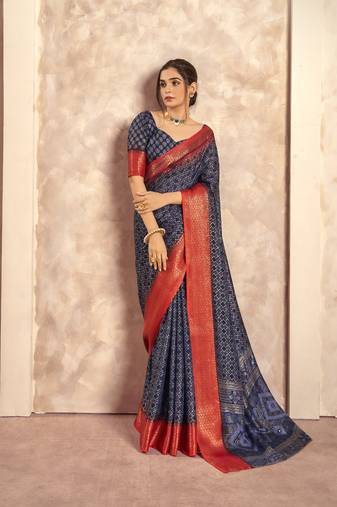 navy blue with red border art silk blend & foil print casual wear saree
