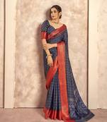 navy blue with red border art silk blend & foil print casual wear saree