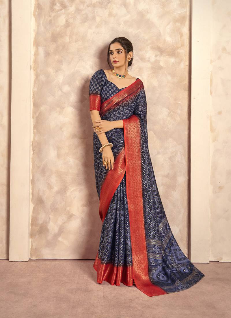 navy blue with red border art silk blend & foil print casual wear saree