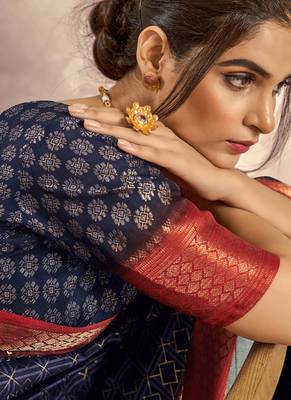 navy blue with red border art silk blend & foil print casual wear saree 2