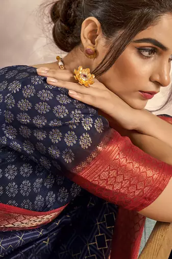navy blue with red border art silk blend & foil print casual wear saree