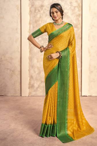 mustard with green border art silk blend with foil print casual wear saree