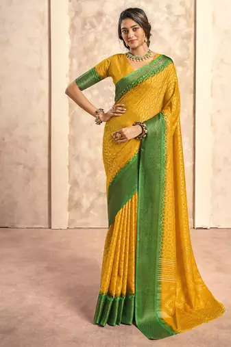 mustard with green border art silk blend with foil print casual wear saree