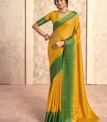 mustard with green border art silk blend with foil print casual wear saree