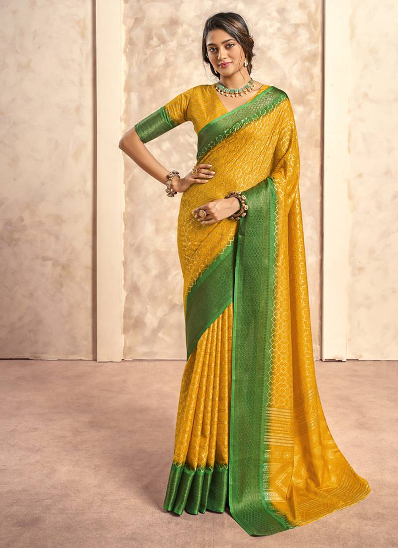 mustard with green border art silk blend with foil print casual wear saree