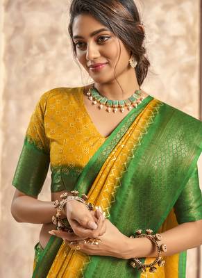 mustard with green border art silk blend with foil print casual wear saree 2