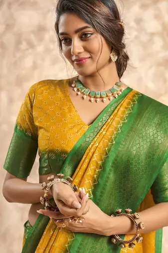 mustard with green border art silk blend with foil print casual wear saree