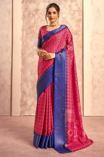 crimson pink with navy blue border art silk blend with foil print casual wear saree