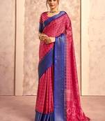 crimson pink with navy blue border art silk blend with foil print casual wear saree
