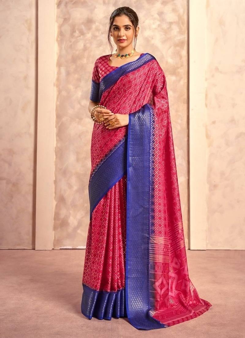 crimson pink with navy blue border art silk blend with foil print casual wear saree