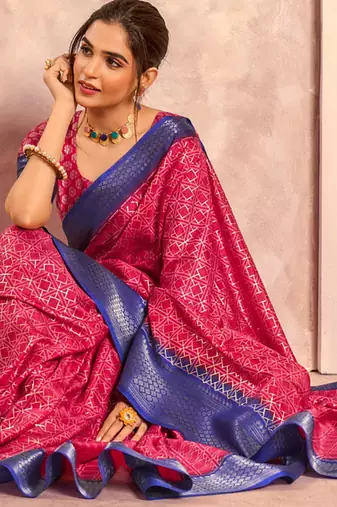 crimson pink with navy blue border art silk blend with foil print casual wear saree