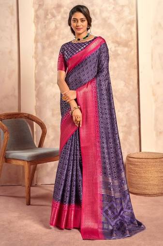 plum with rani pink border art silk blend with foil print casual wear saree