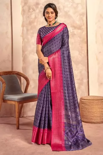 plum with rani pink border art silk blend with foil print casual wear saree