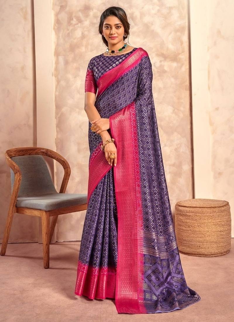 plum with rani pink border art silk blend with foil print casual wear saree