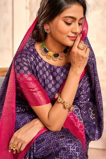 plum with rani pink border art silk blend with foil print casual wear saree
