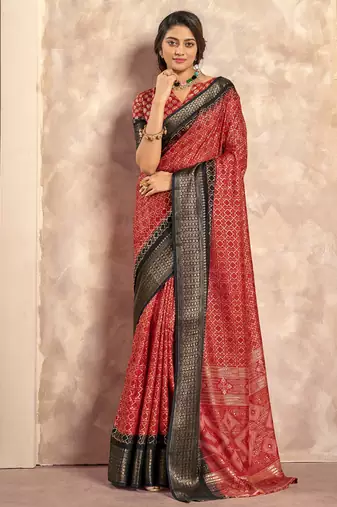 red with black border art silk blend with foil print casual wear saree