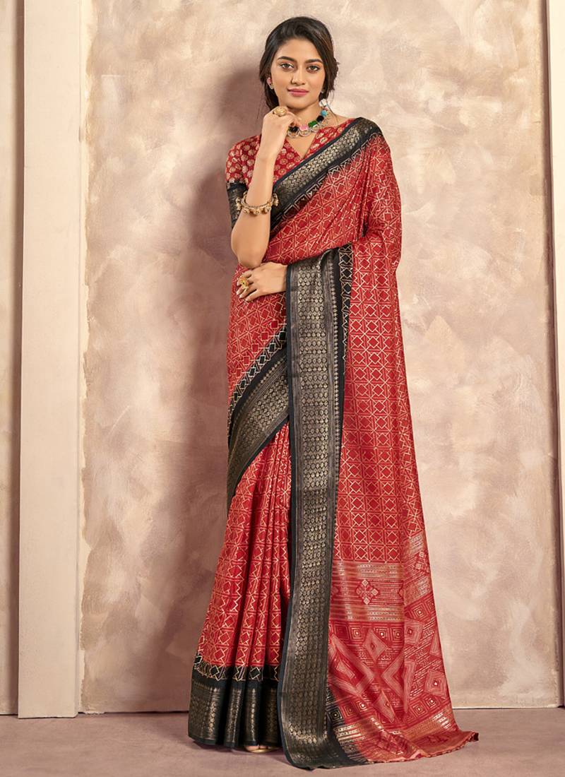 red with black border art silk blend with foil print casual wear saree