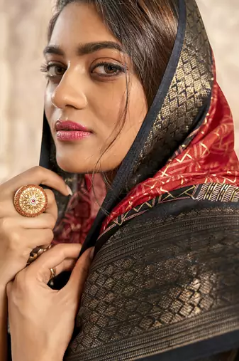 red with black border art silk blend with foil print casual wear saree