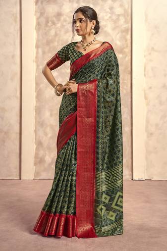 dark green with red border art silk blend with foil print casual wear saree