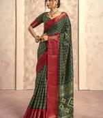 dark green with red border art silk blend with foil print casual wear saree