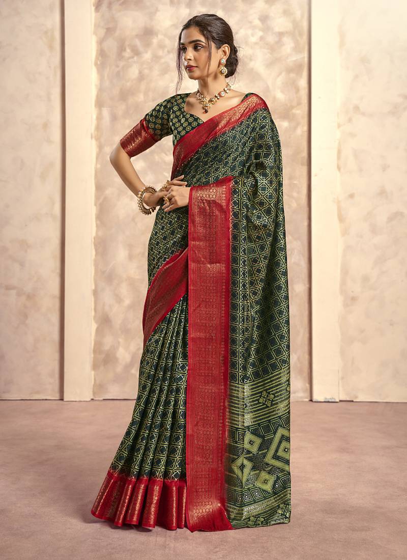 dark green with red border art silk blend with foil print casual wear saree