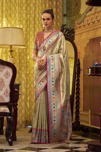 cream tissue silk blend with zari weaving festival wear saree