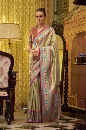 cream tissue silk blend with zari weaving festival wear saree